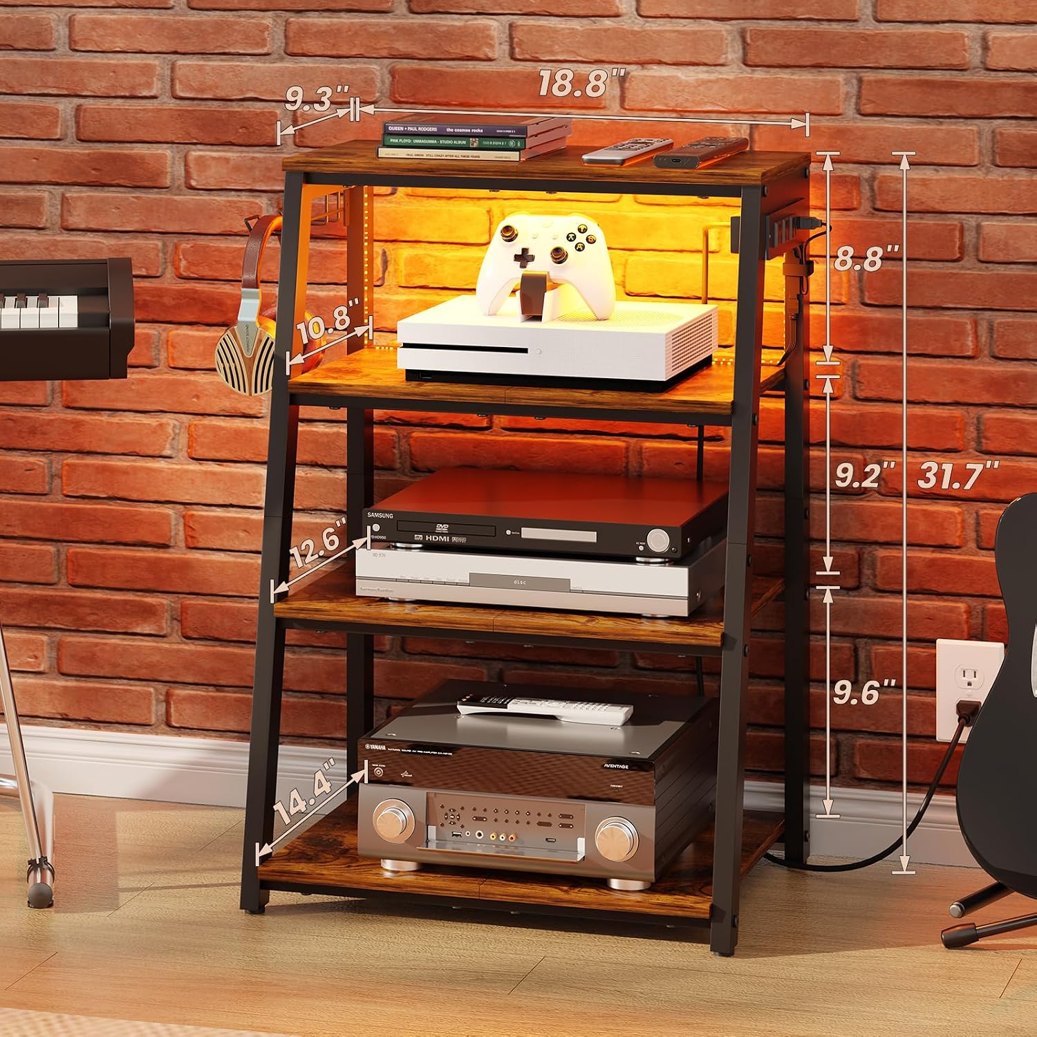 4‑Tier AV Media Stand With Power Strip LED Lights & Hooks
