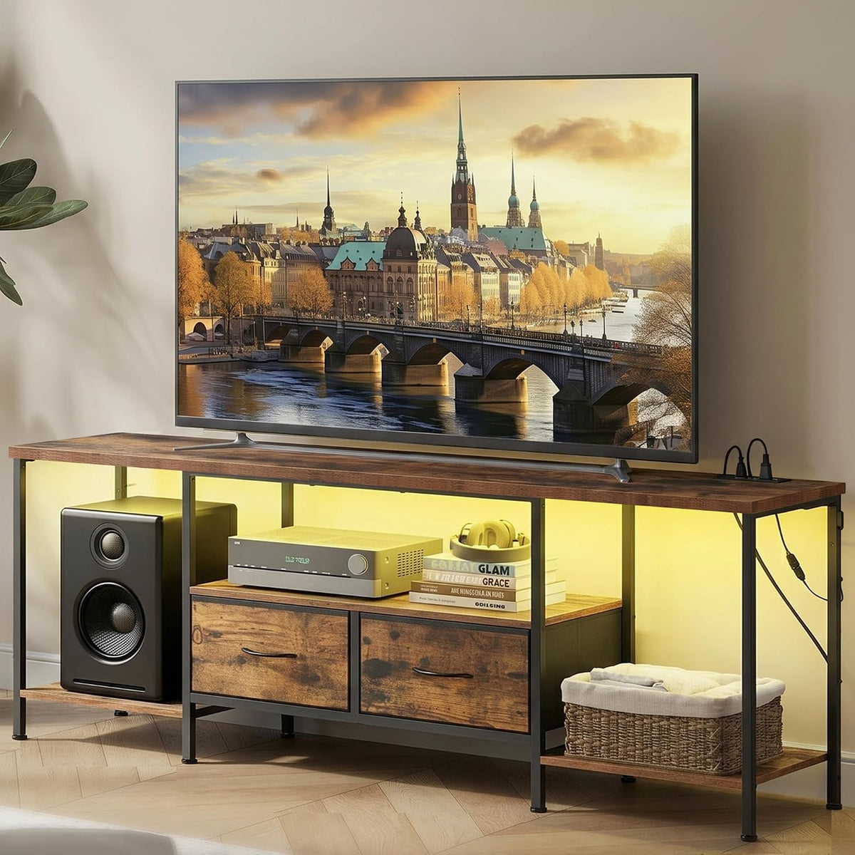 Rustic Brown TV Stand With Power & Lights