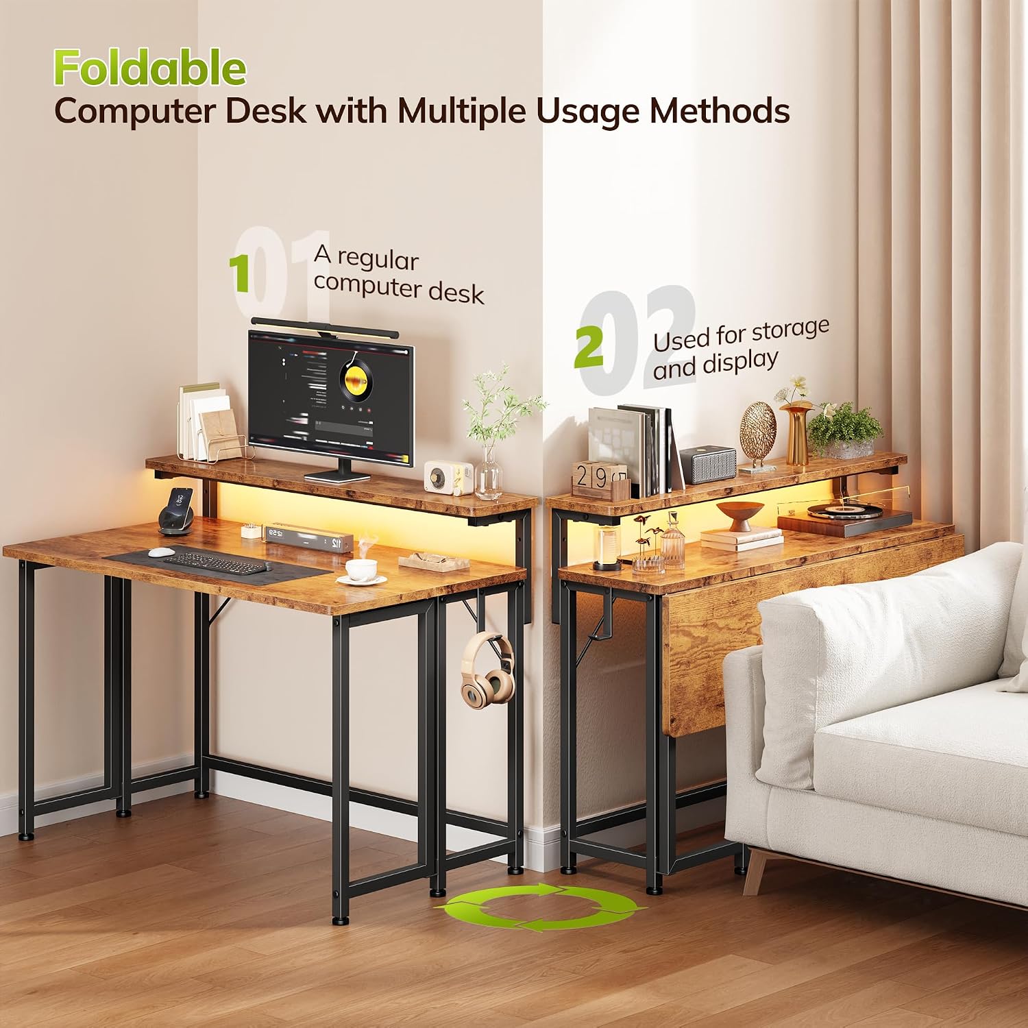 31.5" Brown Folding Desk With Monitor Stand & RGB LED