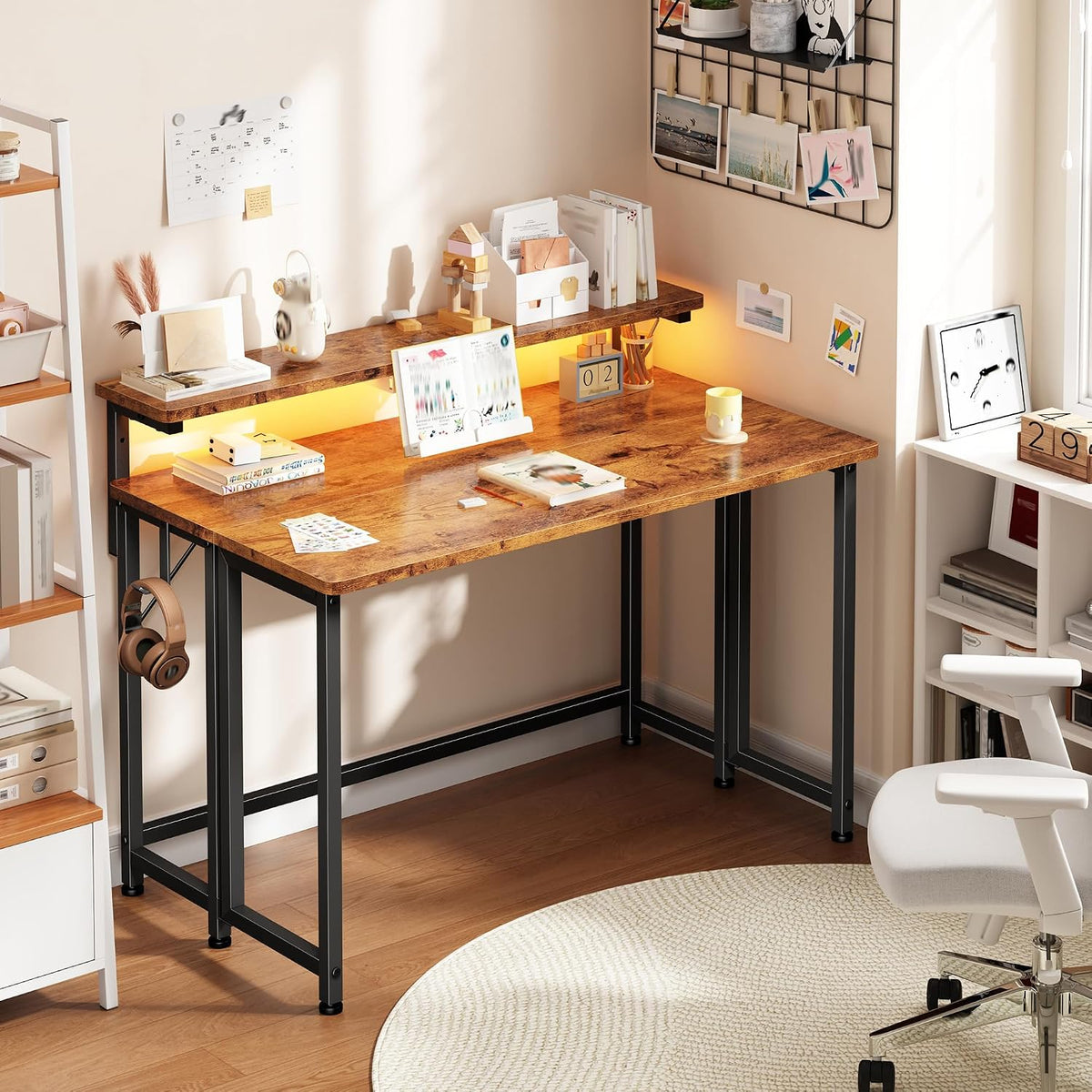 31.5" Brown Folding Desk With Monitor Stand & RGB LED