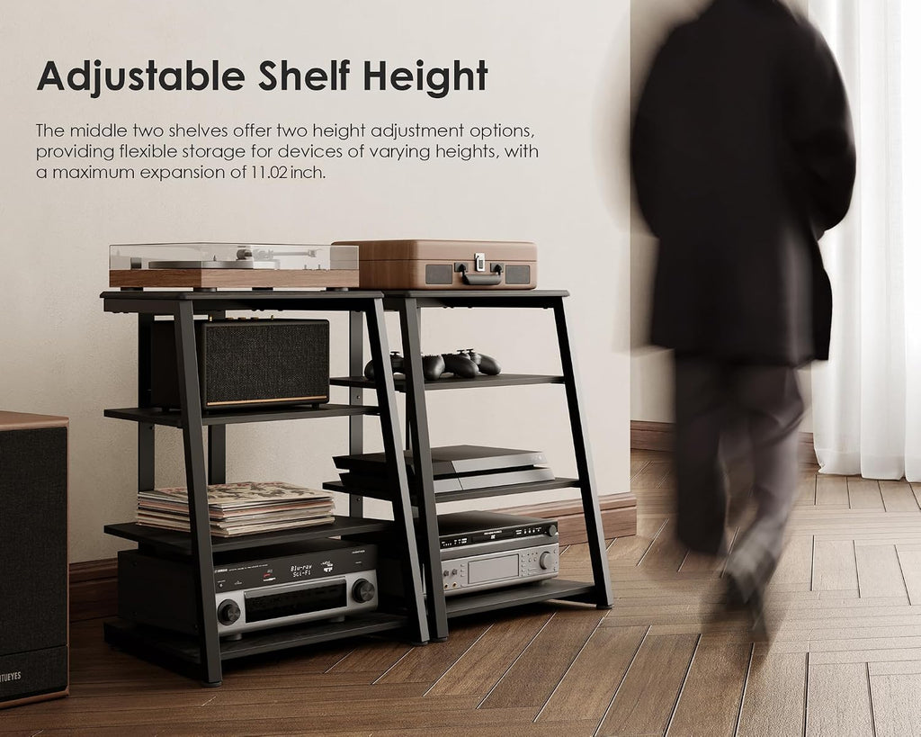 4‑Tier Black Corner AV Media Stand Adjustable Shelves