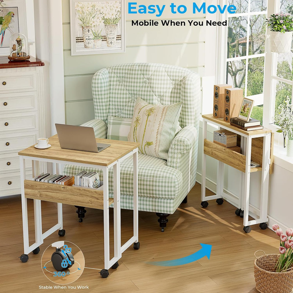 24.8" Oak Rolling Folding Desk With Storage Shelf