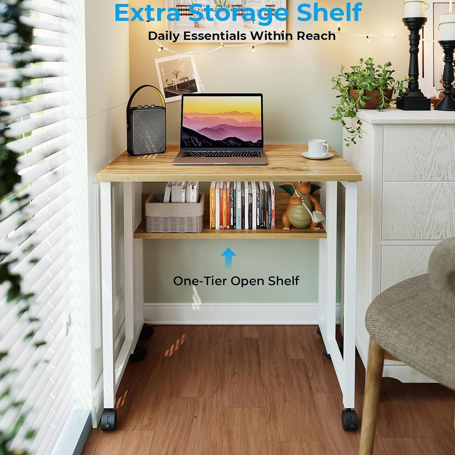 24.8" Oak Rolling Folding Desk With Storage Shelf